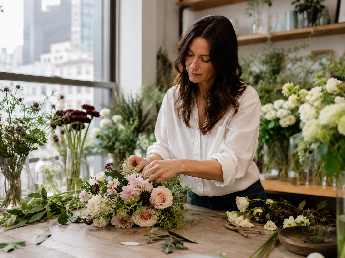 Florist arranging flowers in a New York studio
