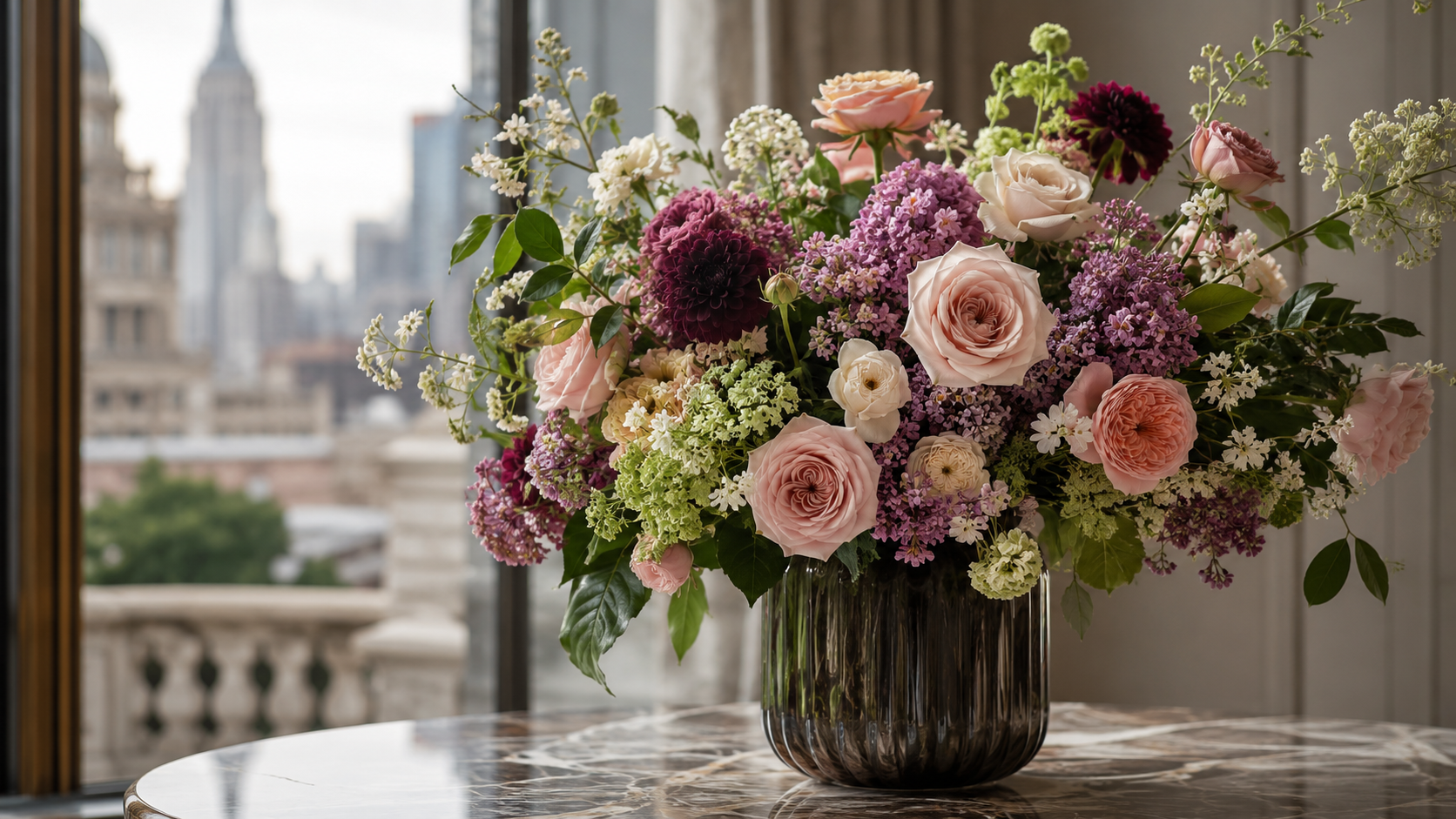Editorial floral arrangement with New York skyline ambiance
