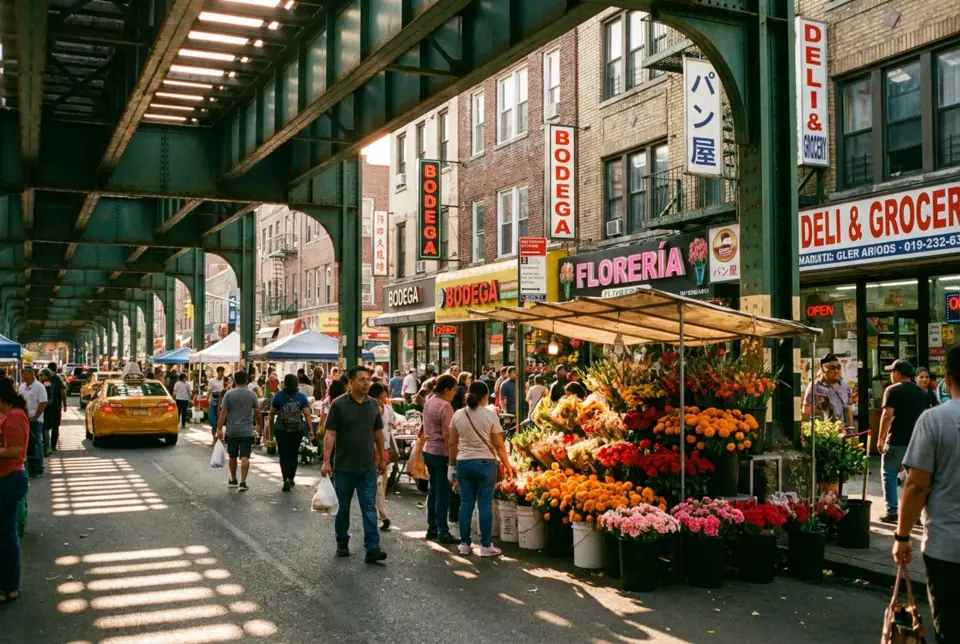 Editorial illustration of a Queens street, New York