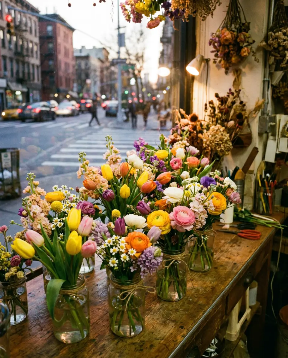 Editorial illustration of coolers full of fresh stems, at east village prices — Sunny's Florist